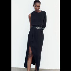 NWT ZARA ASYMMETRICAL CREPE MIDI DRESS BLACK